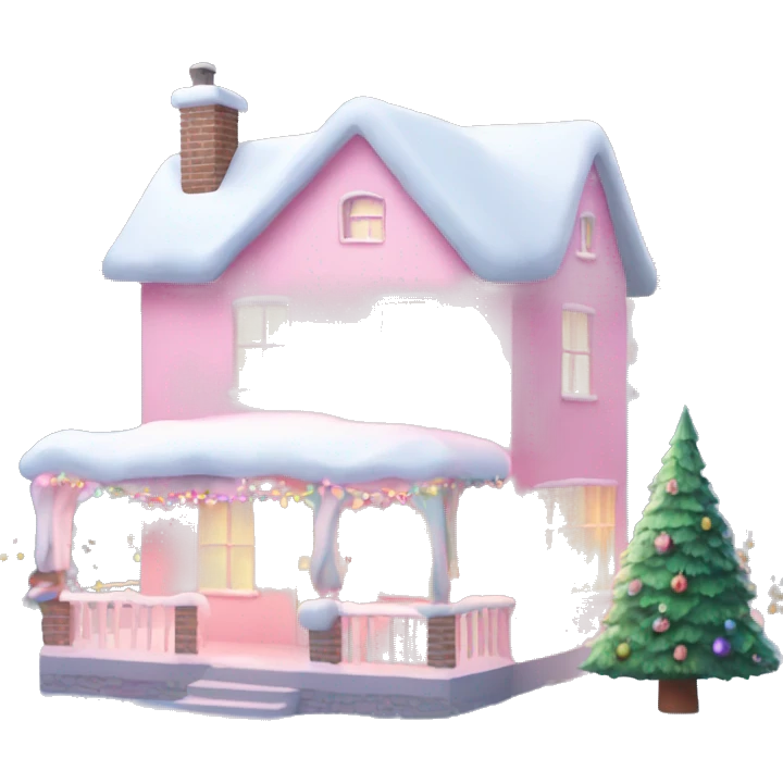 Pastel pink house with snow and Christmas lights and Christmas trees￼ emoji