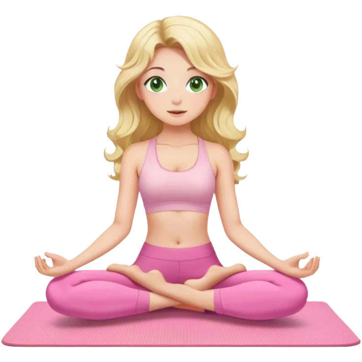 blonde long curled hair and green eyes yoga beautiful girl in light pink pink pink clothes sitting on a yoga mat emoji