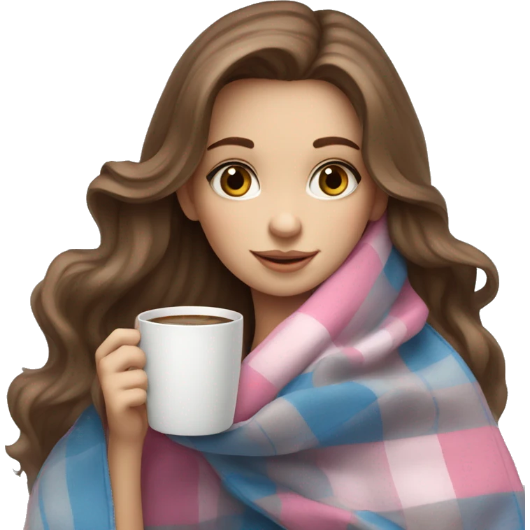 cute brown haired girl with long hair wrapped in pink plaid blanket drinking coffee blue eyes emoji