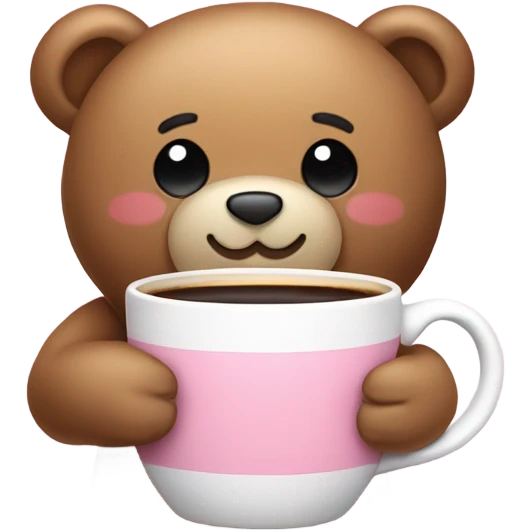 teddy bear holding mug of coffee a cute light pink bow on head emoji