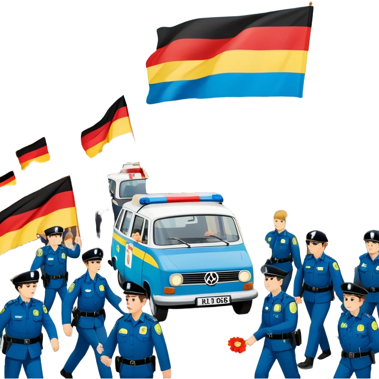 West German protest scene, 1968, young people with colorful protest signs saying 'Make Love Not War' and 'Mehr Demokratie wagen', BRD flag, flowers, police in background, lively mood emoji