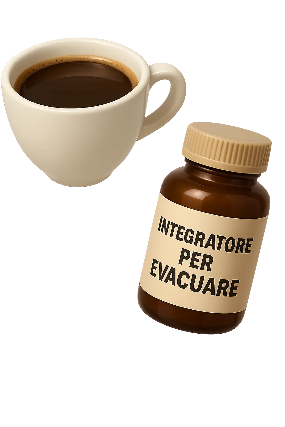 EMOJI STILE IPHONE 3D DI un caffè e di una boccetta di integratore con la scritta "INTEGRATORE PER EVACUARE" SULL'ETICHETTA CHE FLUTTUANO IN ARIA, iperrealistico 4k emoji