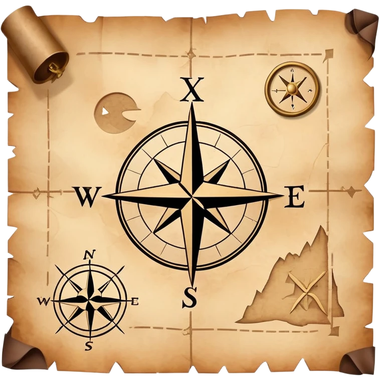 A simple treasure map with an X marking the spot, weathered edges, compass rose in the corner emoji