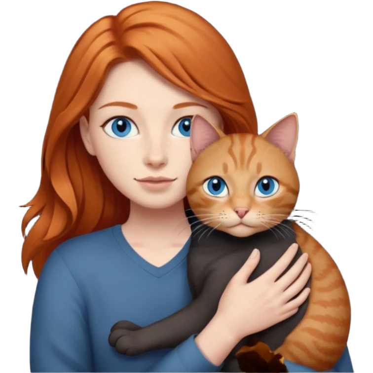 A ginger with blue eyes holding a very large dark grey cat. emoji