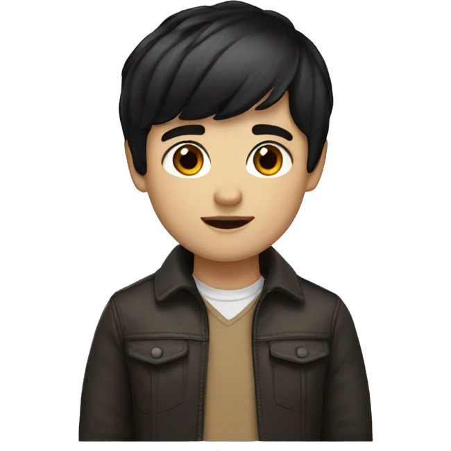 White boy short black hair with bangs brown eyes emoji