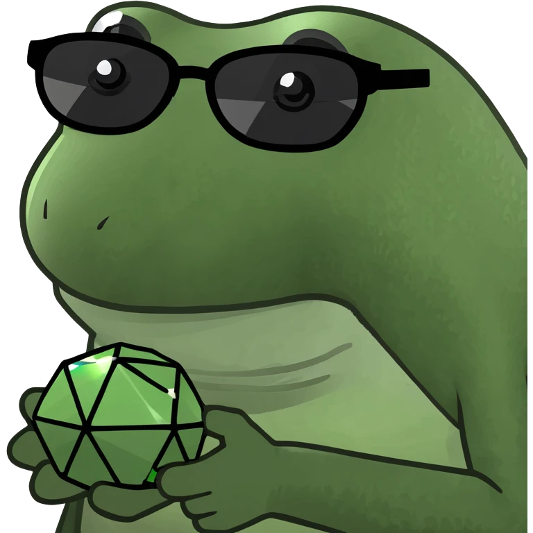bufo with triangle shaped 8 bit sunglasses full black, confident smile, with a mini black powerful orb in his hand emoji