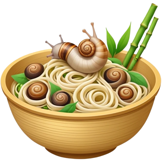 Liuzhou Snail Rice Noodles with river snails and sour bamboo, simplified emoji style with bold outlines and bright colors, cartoon style Guangxi Luosifen emoji