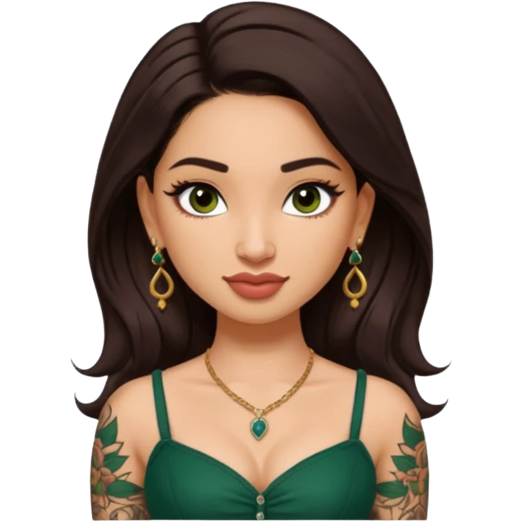 pretty bratz genmoji that looks like tamannah bhatia (bollywood actress), wearing a dark green sweetheart neckline top, dark brown hair, light makeup, no necklace, dangly earrings, side hair part, dark brown eyes, with full tattoos and neck tattoo emoji