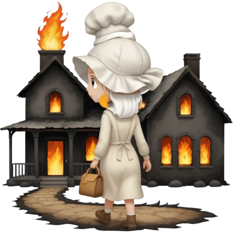 handmaids tale style woman burning house down walking away from house. shes wearing the nun hands maid tale hat cant see her face emoji
