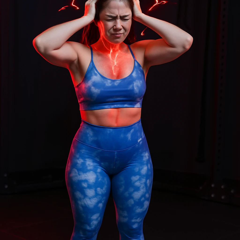 Realistic style edit of the girl identical to the photo with both hands on the head, face contracted in pain, pain symbols like red lights and lightning on neck and head. emoji