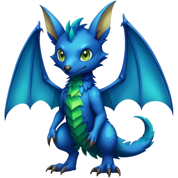 Cute cool fantasy animal hybrid bat-Sergal-Digimon-Fakemon full body, green scales, brown eyes, blue feathers emoji