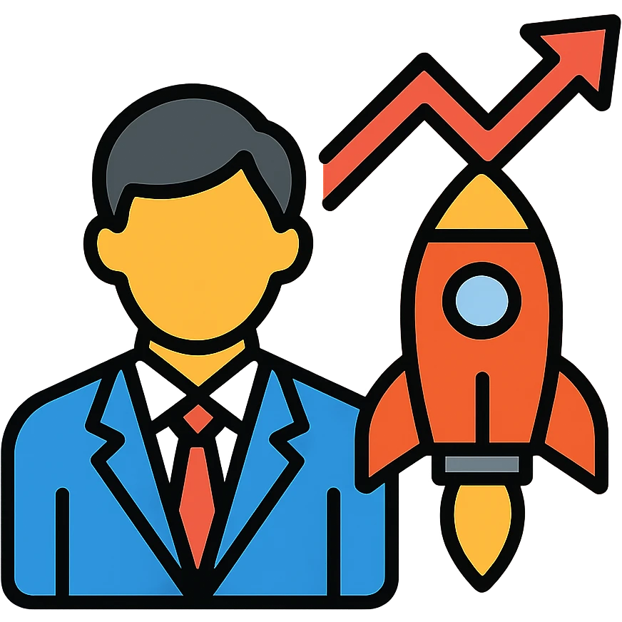 Business person with rocket launch and upward trending chart emoji