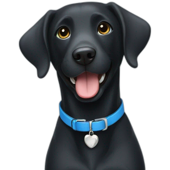 Happy Black Labrador wearing a blue collar with a bone shaped name tag emoji