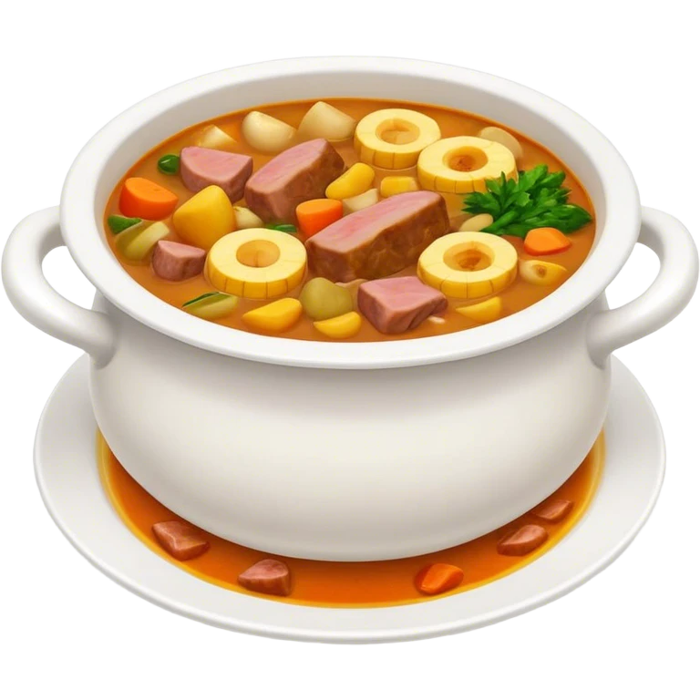 Cinematic Realistic Sancocho Soup Dish Emoji, featuring a rich, hearty stew with diverse meats and vegetables rendered with lifelike detail and warm, comforting lighting. emoji