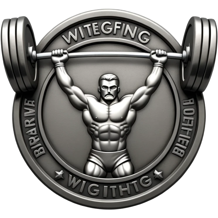 Emblem symbolizing weightlifting, featuring a barbell with heavy weights on either side, lifted above a strong, determined figure. The design conveys strength, focus, and the precision required in the sport. The barbell is centered, with a dynamic, bold style to emphasize power and athleticism.  emoji
