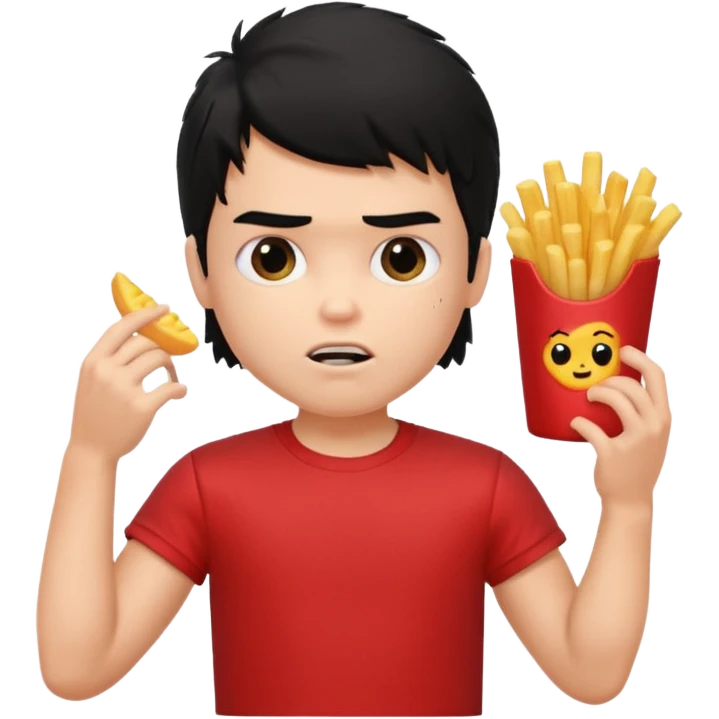 generate a pretty fair bratz boy with a messy mullet (black hair), wearing a red tshirt. eating fries, big biceps emoji