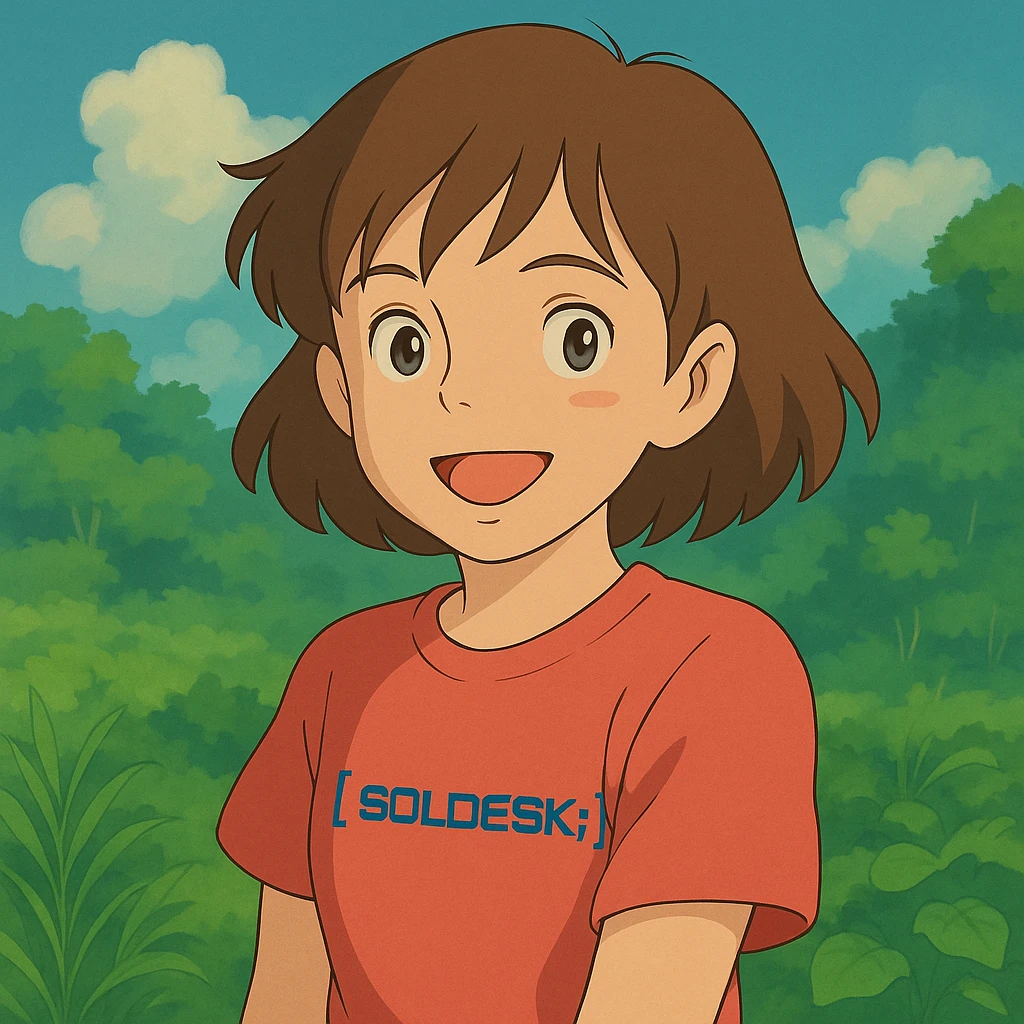 Add the SOLDESK logo to the character's shirt, keep the ghibli style, preserve the original background. emoji
