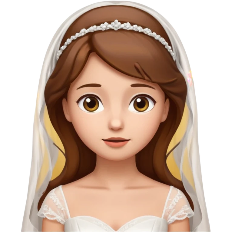 Brown-haired bride in a white wedding dress and veil, eyes looking upward with a curious expression, cute emoji style. emoji