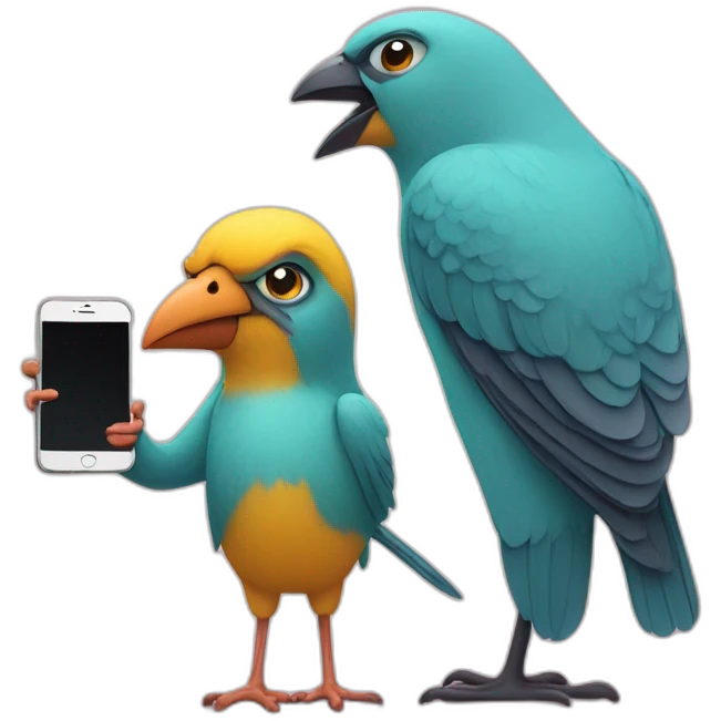 A bird with a phone in hand and with his mom scolding her emoji