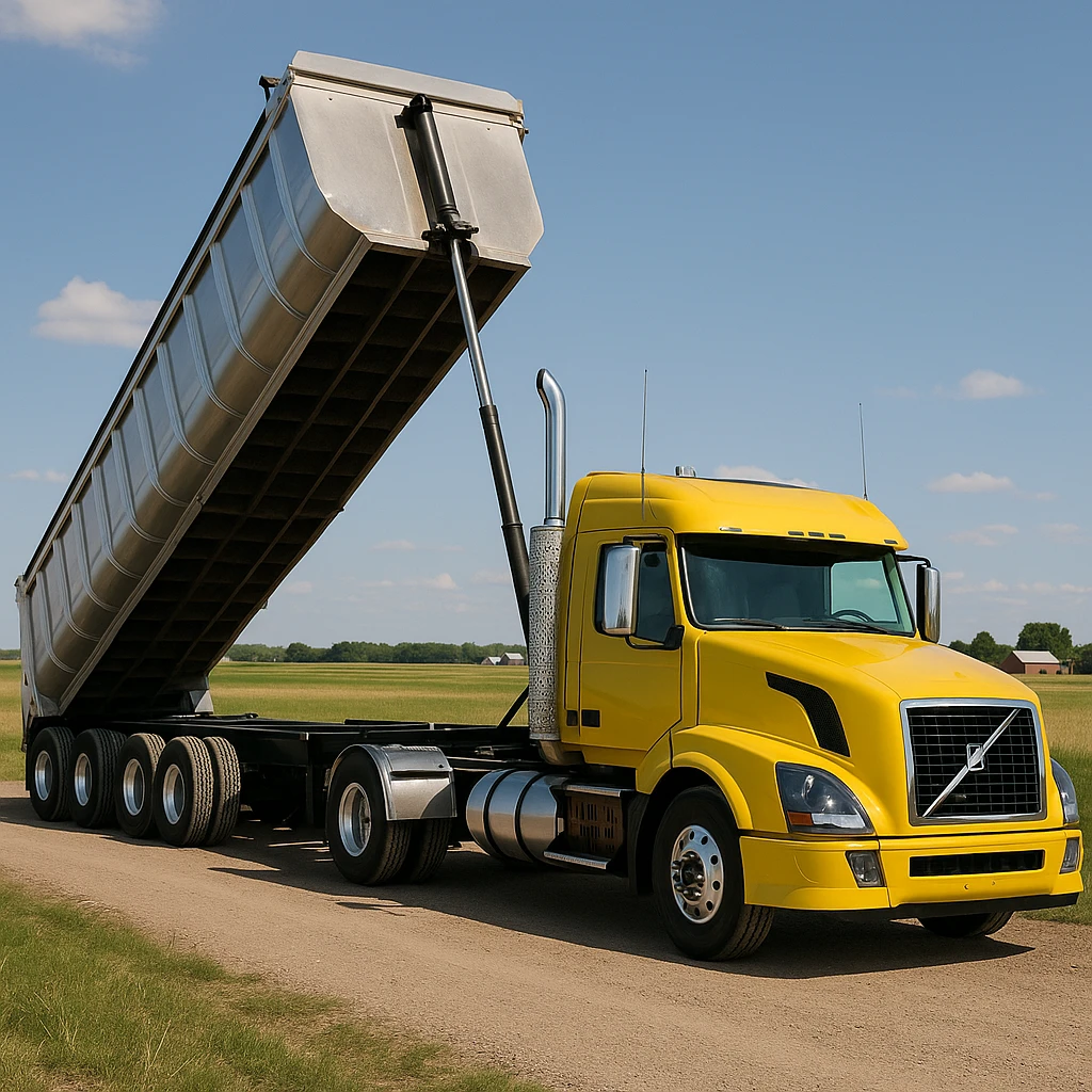 photorealistic Volvo yellow semi sleeper truck with a long silver end dump trailer, trailer raised in dumping position, side view, parked in a realistic country landscape with open fields and distant barns, sunny day emoji