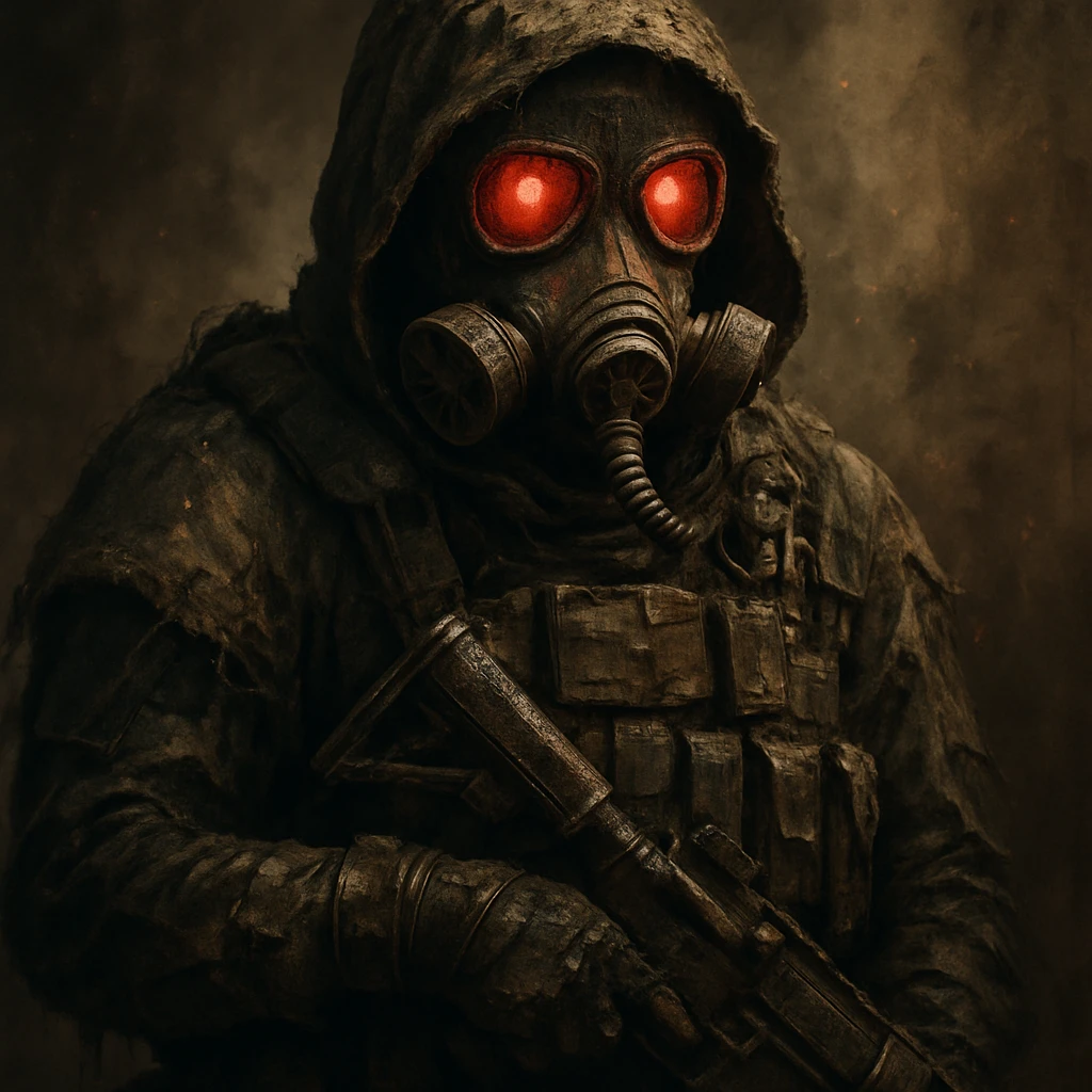 post apocalyptic soldier wearing a gas mask with glowing red eyes, gritty and detailed, dramatic lighting emoji