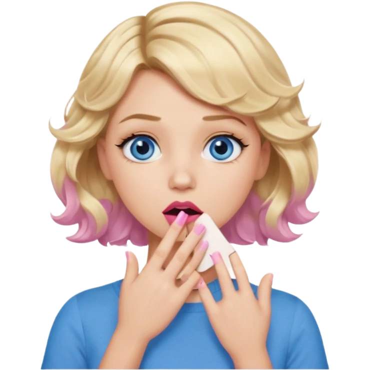 Girl Blonde short wavy hair,  blue eyes, cute blue top, long lashes, pink lips, shocked, hand over the mouth emoji