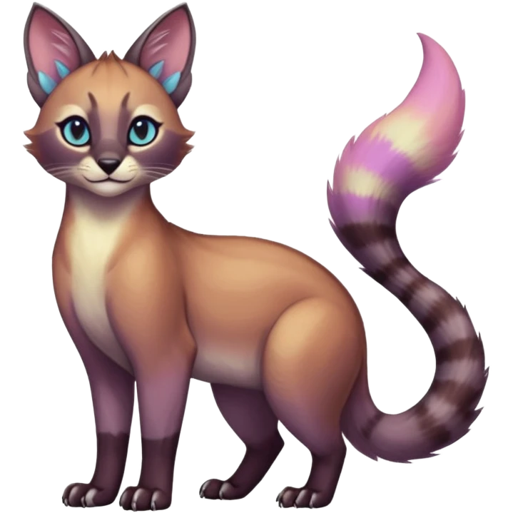 iridescent pastel glorious divine exotic cute cool beautiful shiny beautiful fantasy-caracal-civet-genet-sergal-vernid-Cacomistle-oncilla-animal-Fakémon-hybrid-fursona (full body) emoji