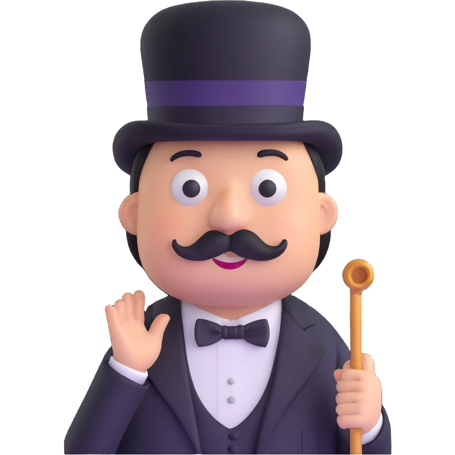 Rich Uncle Pennybags with mustache, top hat, tuxedo, and cane emoji