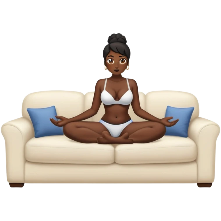 fullbody realistic busty black topless buxom in undies sitting on couch in comfy missionary legs up spread pose sfw emoji