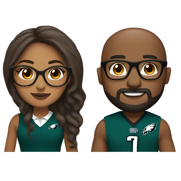 Brown skin girl wearing glasses holding hands with brown skin guy with beard wearing Philadelphia eagles clothing  emoji
