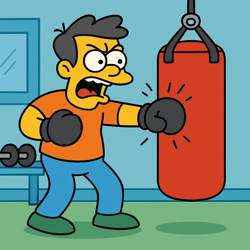 Hit a punching bag – to punch a padded bag for exercise or stress relief.
He went to the gym to hit a punching bag and blow off steam. Background Gym
 emoji