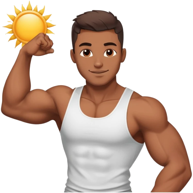 Handsome muscular boyfriend with defined abs, wearing a tank top, strong jawline, darkerr skin, charming smirk, flexing arm, sun-kissed skin, emoji