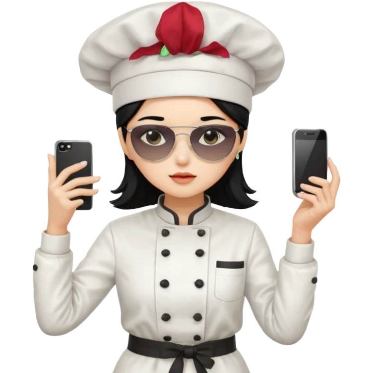 ["A sad woman with light skin, straight hair, wearing a chef hat and sunglasses, dressed in K-pop fashion, is dancing while holding a phone."] emoji