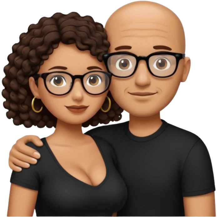 A picture of an embracing tanned couple. the man is a Mexican man with tanned skin, NO GLASSES, with a bald hair cut, short beard and wearing a black shirt. the woman is short with long curly dark brown hair and with big boobs. Put glasses on the woman.  emoji