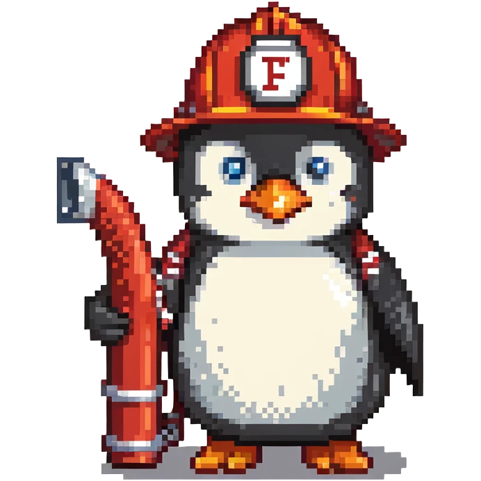 penguin firefighter with helmet and fire hose emoji