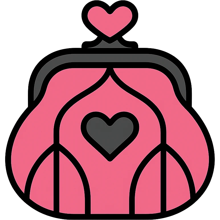 pink and black gothic coin purse, modern, clean lines, minimalistic, with a heart accent emoji