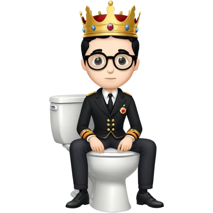 King Charles III with royal crown sitting on a toilet, wearing round glasses and black hair emoji