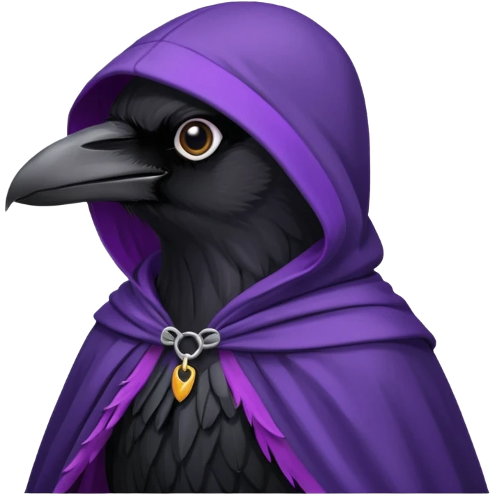black realistic raven wearing a purple and black hooded cloak emoji