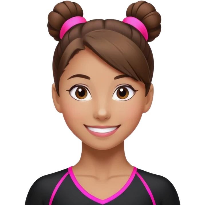 Happy female gymnast with brown hair in a neat bun, wearing a black uniform with neon pink elements. emoji