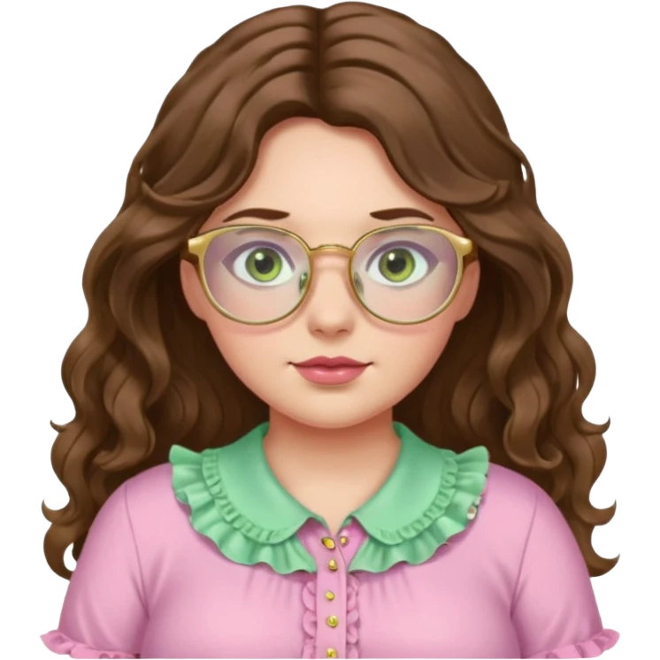 Girl girl long wavy brown hair with middle part, pale green eyes, plus size, pink frilly shirt, gold rimmed glasses emoji