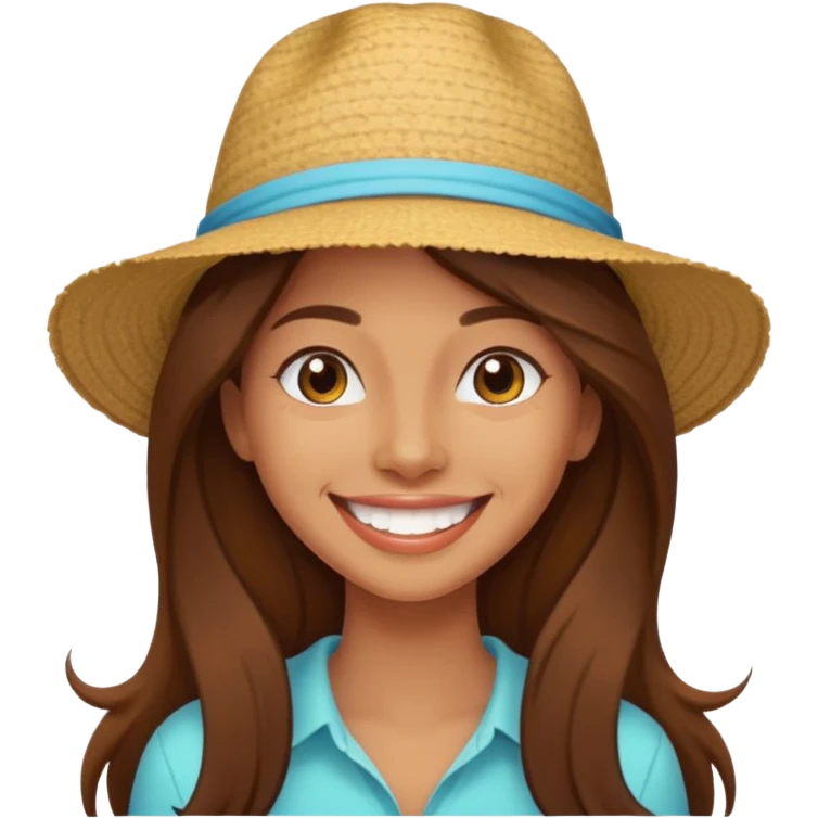 woman with long brown hair on vacation, happy and smilling with theeth and a hat emoji