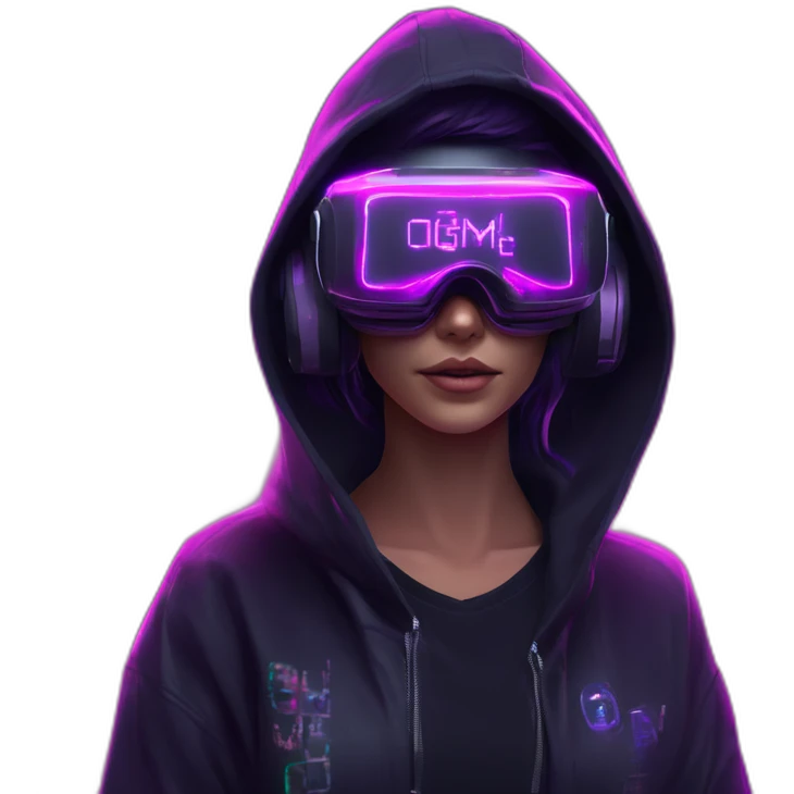 Nikulin Yurii wearing a black hoodie with "OMG" letters on it and VR headset in a cyberpunk VR environment with violet neon lighting. emoji
