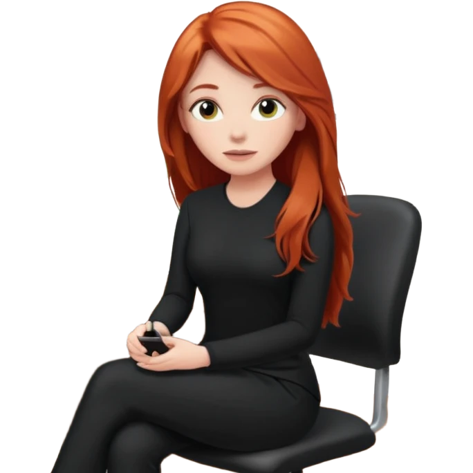 Video call therapy session: red-haired therapist with long hair wearing black minimalist clothing, seated in a professional home office, looking at the webcam; calm, modern teletherapy setting emoji