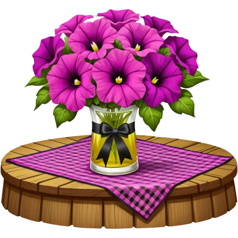 A lush bouquet of bright light margenta color petunia black satin ribbon, resting on an antique wooden table, with a pale yellow and pink plaid pattern table cloth emoji