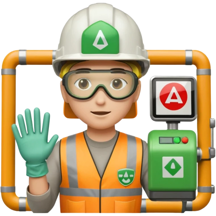 emoji-style icon of industrial worker in PPE helmet goggles gloves next to press machine with green shield symbol safety barriers subtle warning signs warning and stop signs clean clear modern look yellow orange gray green colors emoji
