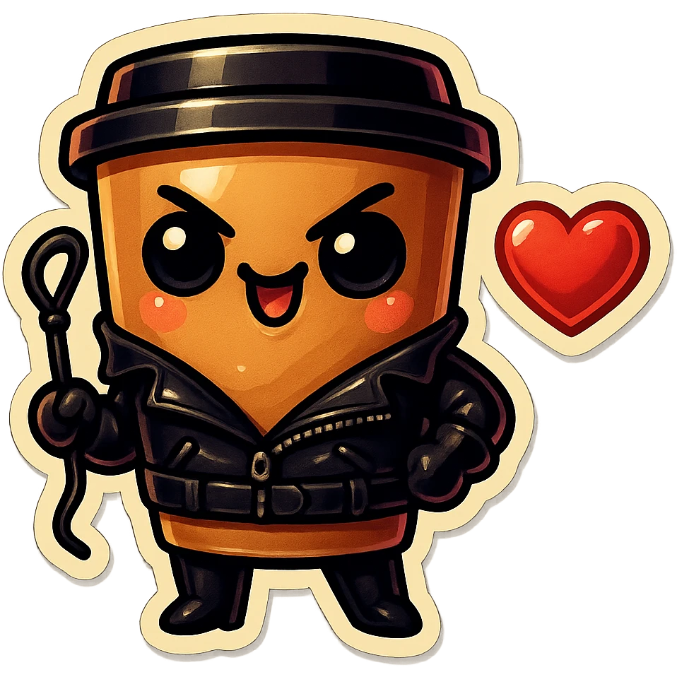 Tall coffee cup, dressed in leather holding a whipping crop, mischevious, heart emoji