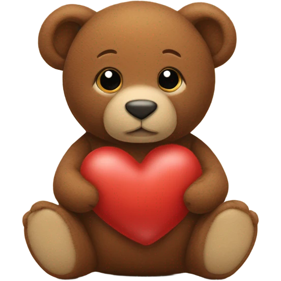 Un bébé nounours marron qui fait un câlin à une peluche coeur emoji