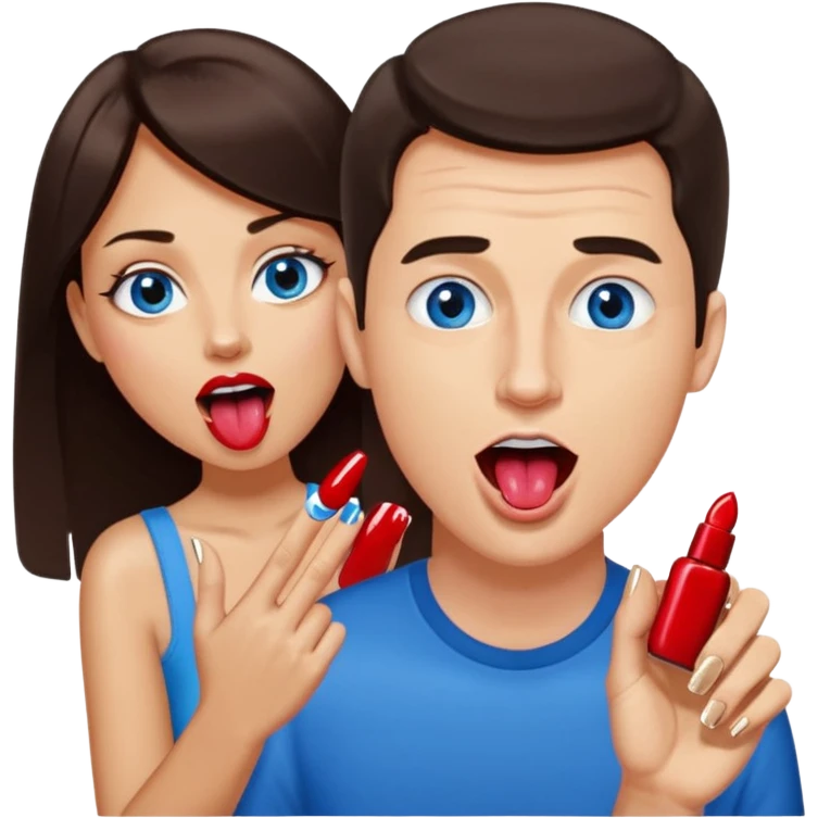 A side profile of a white man with dark brown hair and blue eyes with his mouth open and tongue out so he looks like he is about to lick the beautiful, well groomed, woman’s feet, with deep red painted nails, in front of his face. A close up of one good looking man licking feet and loving it. emoji