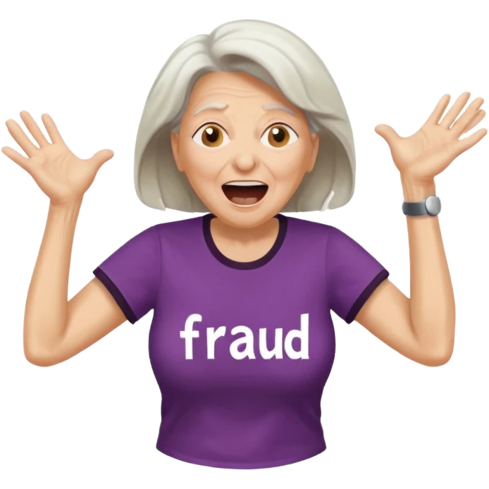 Older Woman jumping screaming and word “fraud” in a bubble emoji
