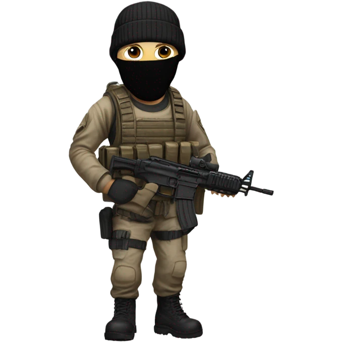 White male, call of duty black mask, camo tactical gear, tan combat boots, black beanie, blue eyes emoji